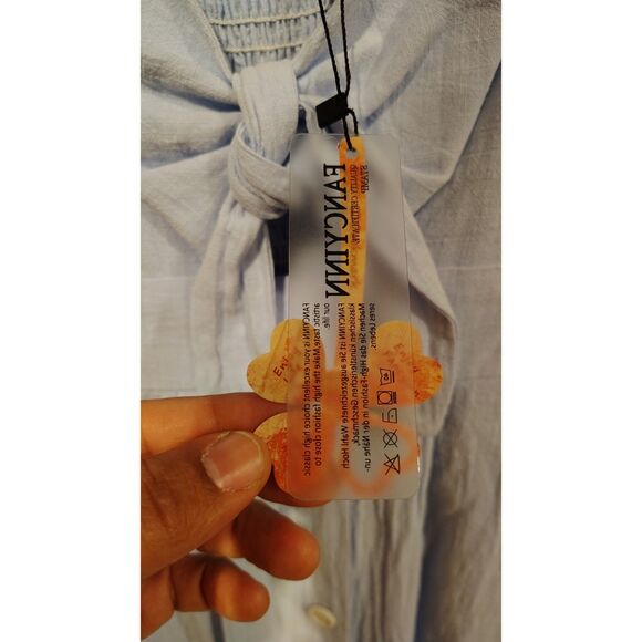 NWT FANCYINN Women's Large Light Blue Tie Front Button Down Midi Dress - Picture 4 of 7